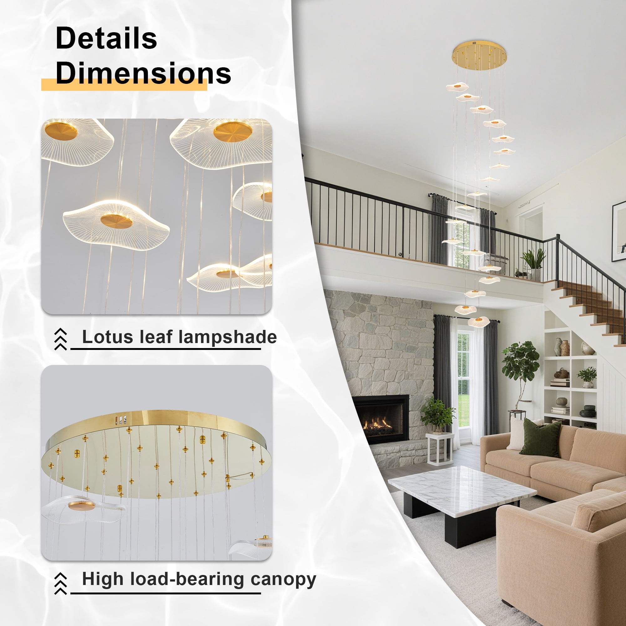 Modern Spiral Lotus Leaf Chandelier - Dimmable 18-Light LED Pendant with Remote for High Ceilings