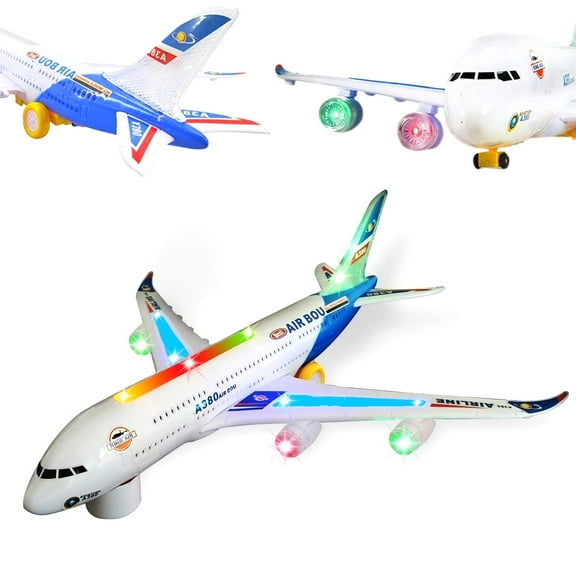 PlayWorld Let's Fly Bump and Go Electric Air Bus A380 Kids Action Airplane - Model Plane with Attractive Lights and Sounds - Changes Direction On Contact - Blue
