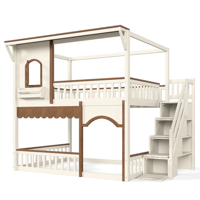 Full-Over-Full Wood Storage Bed Frame with Staircase & Small Bookshelf, Kids House Bunk Bed with Window, Eave & Door