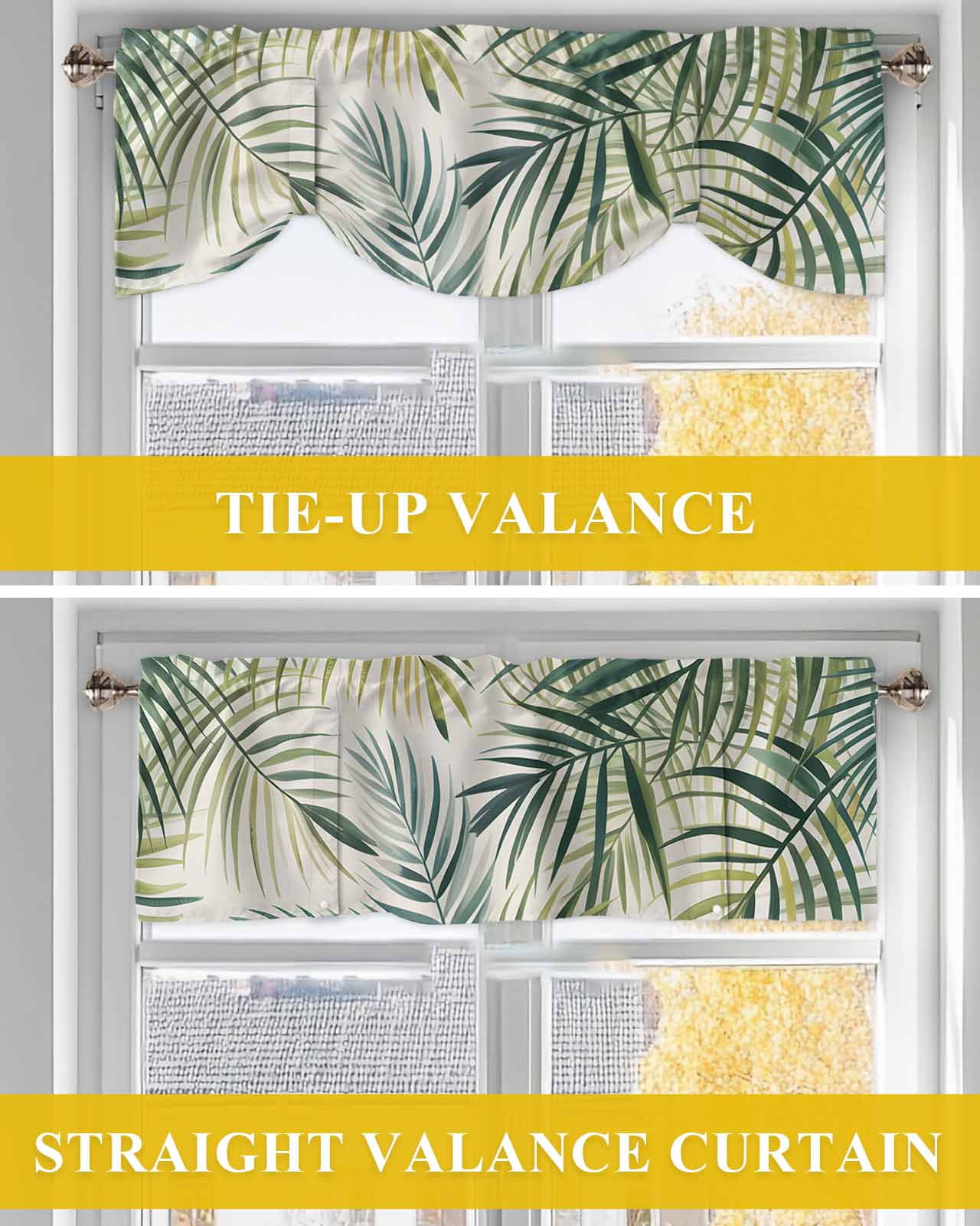 Tropical Plant Tie Up Valances Curtain, Adjustable Kitchen Green Leaf Valances for Windows Decor, Rod Pocket Short Curtains Set for Bedroom/Bathroom, 54"x18"