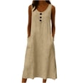 thumbnail image 3 of Yangnuo Women's Washed Wrinkle Cotton Linen Dress Ladies Crew Neck Sleeveless Casual Maxi Dress with Buttons & Side Pockets, Solid Loose Fit. Khaki M, 3 of 6