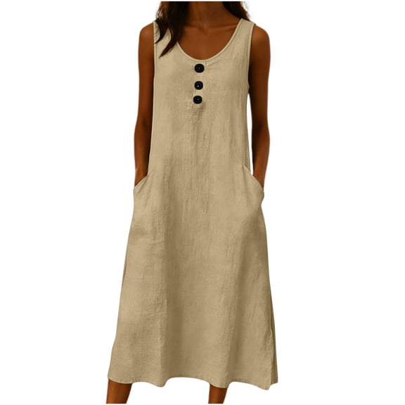aohooy Summer Dress for Women 2026 Sleeveless Cotton Maxi Tunic Dresses Flowy Swing Casual Vacation Tank Sundress with Pockets Khaki,L