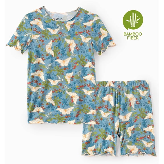 PatPat Girls Pajamas Toddler Clothes Viscose from Bamboo Kids 2-Piece Pj Set Gifts Short Sleeve Tops Pants Snug Sleepwear Sizes 4-12Y