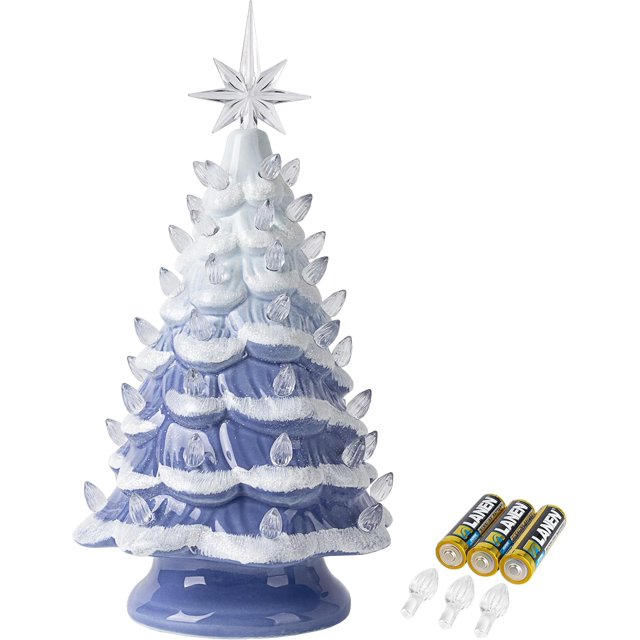Sunlit Cordless Lighted Ceramic Christmas Tree Vintage Tabletop Christmas Decoration Pre-Lit Colorful Mini Light Bulbs 13" Traditional AA Battery Operated LED - Ombre Blue