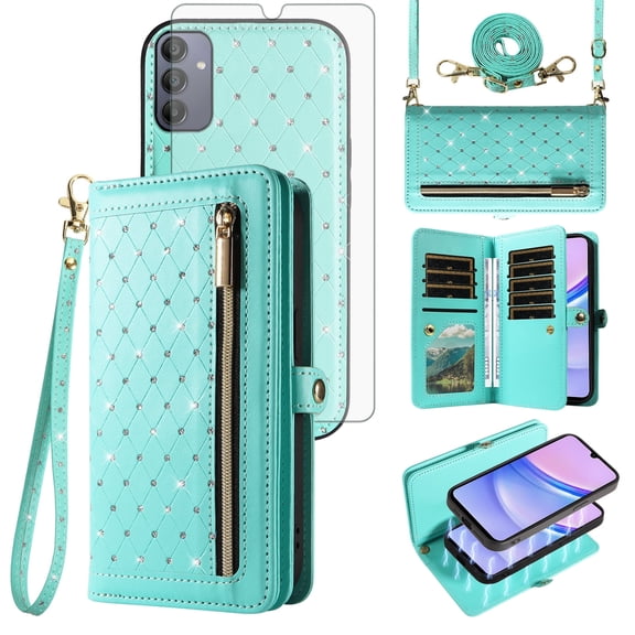 Asuwish Phone Case for Samsung Galaxy A15 5G/4G Zipper Wallet Detachable Cell Cover with Tempered Glass Screen Protector Crossbody Lanyard Strap Bling Glitter Flip Card Holder Slot A 15 G5 15A Green