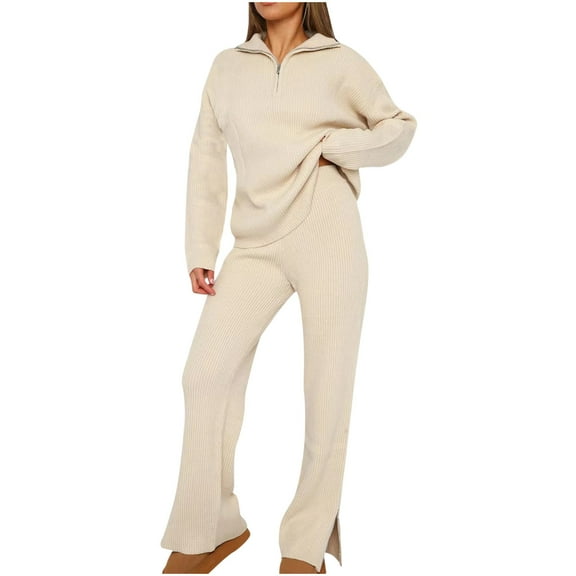 Women's 2 Piece Knitted Sets Quarter Zip Lapel Long Sleeve Sweater with High Waisted Flared Leg Pants Casual Loungewear Sweater Sets White,S