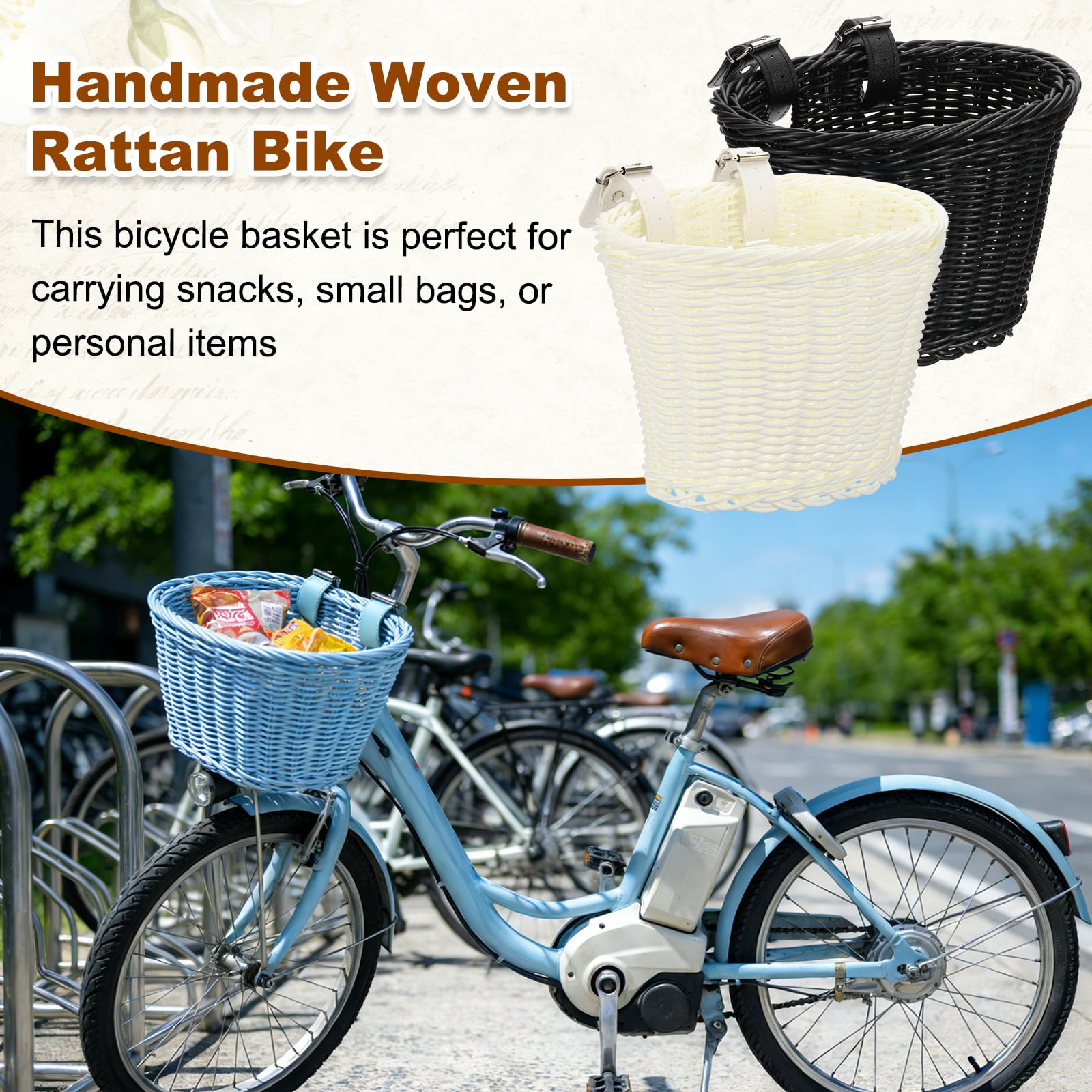 Uxcell Bike Basket Front, Hand-Woven Bicycle Basket with Adjustable PU Belts 2 Pack & White, Black-Fitting For(Most Road Bikes, Bicycles/Scooters)