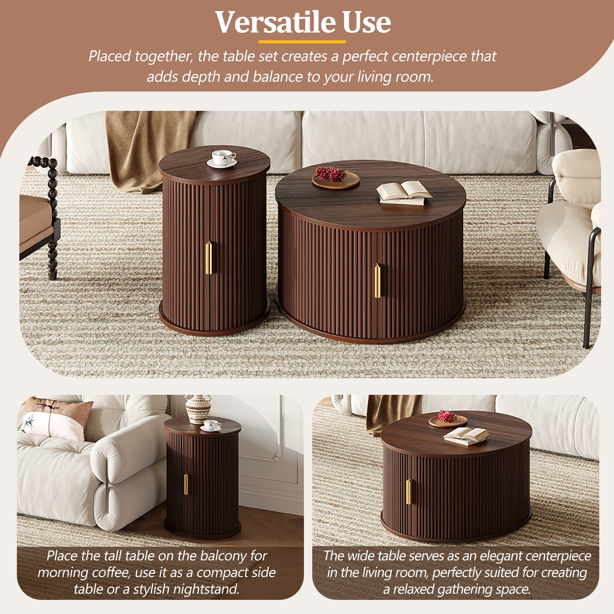 Euroco Mid-Century Coffee Table Set with Sliding Tambour Door, Round Fluted End Table With Storage, Golden Handle Tall & Low Side Table with Wooden Finish for Living Room, Set of Two