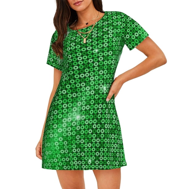 Disketp Shiny round green sequins para Camisón Corto de Manga Corta para Mujeres, Camisón Cómodo con Escote Redondo, Bonito y Confortable