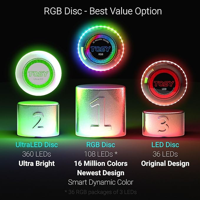 TOSY Flying Disc With RGB LEDs - 16 Million Colors, Rechargeable, Waterproof Light Up Disc, 2 Pack