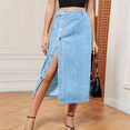 thumbnail image 4 of Women'S Casual High Waist Denim Mid Skirt Slit Button Up Jean Skirts with Pockets Light Blue M, 4 of 7