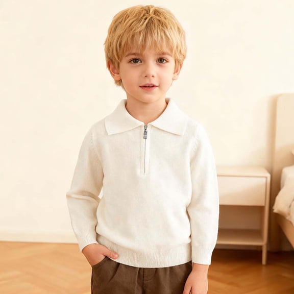 Boys Solid Color Half-Zip Long Sleeve Polo Shirt Kids Casual Turn-Down Collar Top Soft Cotton Blend for Toddler 2-8Y Fall Winter School Outfit