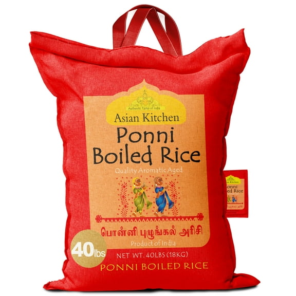Asian Kitchen Ponni Boiled Rice 40-Pound Bag, 40lbs (18.14kg) Short Grain Rice ~ All Natural | Gluten Friendly | Vegan | Indian Origin | Export Quality