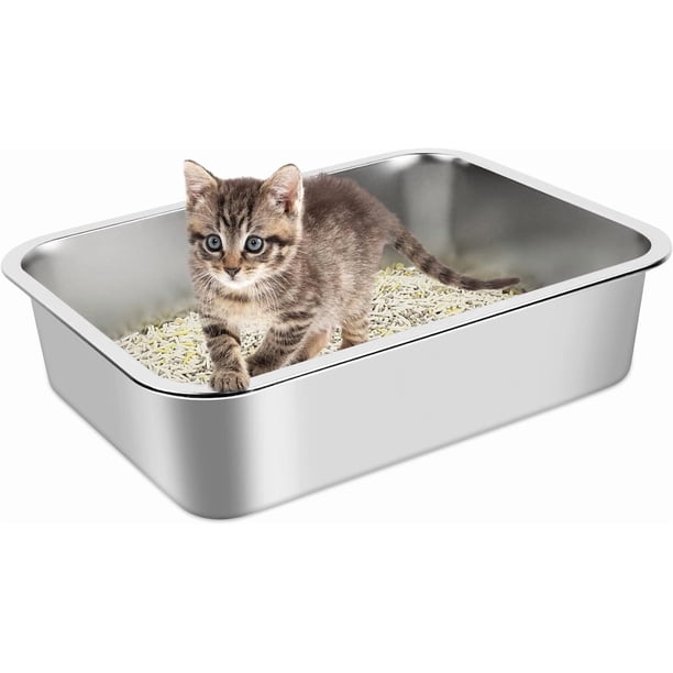 Arenero para Gato Inoxidable, Caja de Arena para Gatos con Lado Alto de Metal, Arenero para Gato Grande para Interior, Inodoro para Gatos y Mascotas, Antiadherentes,Sin Olor (45 * 35 * 15cm)