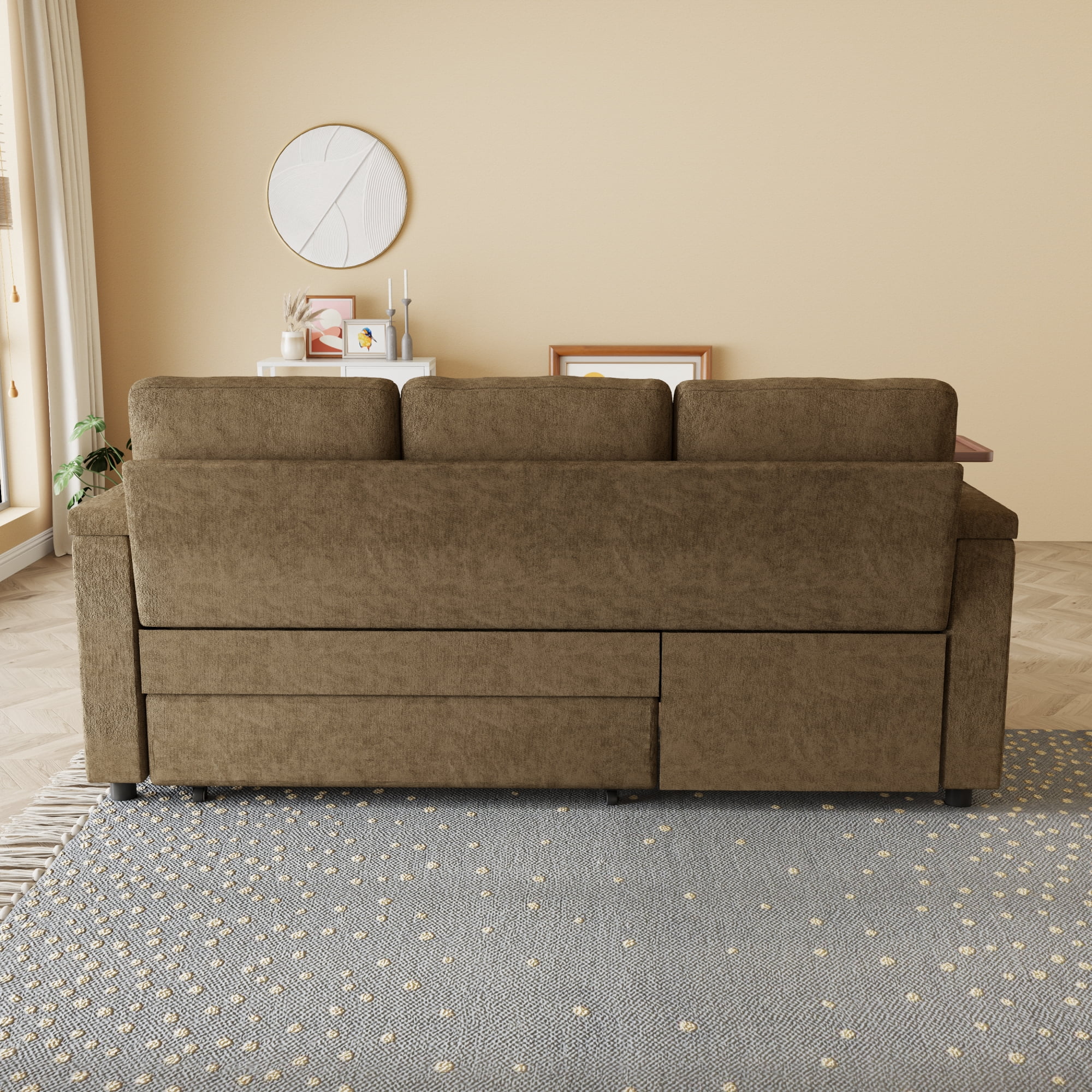 ShiKeyi 83" 3-in-1 Convertible Sofa Bed, Chenille 3 Seater Couch with Sleeper Sofa Function, Adjustable Backrest, USB Ports & Storage Armrests, Khaki