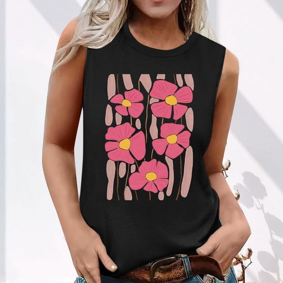 Tank Tops for Women under $5 Plus Size Sleeveless Floral Print Round Neck Summer Printed Top Black XXL