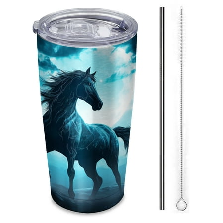 

black horse with glowing blue mane galloping under the moonlight Insulated 20 oz Stainless Steel Travel Tumbler Reusable Straw & Brush Hot & Cold Drinkware for Car Office Outdoor