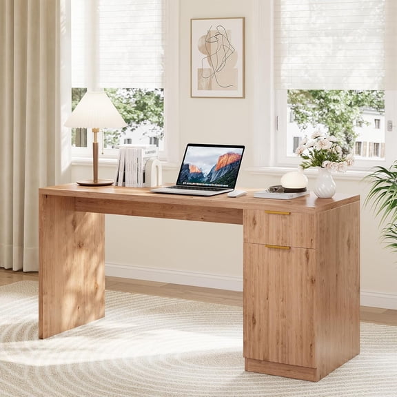 61" Executive Computer Desk with Drawers, Power Outlet & USB Ports, Adjustable Shelf, Storage Cabinet, Modern Farmhouse Office Desk with Gold Handles,Oak