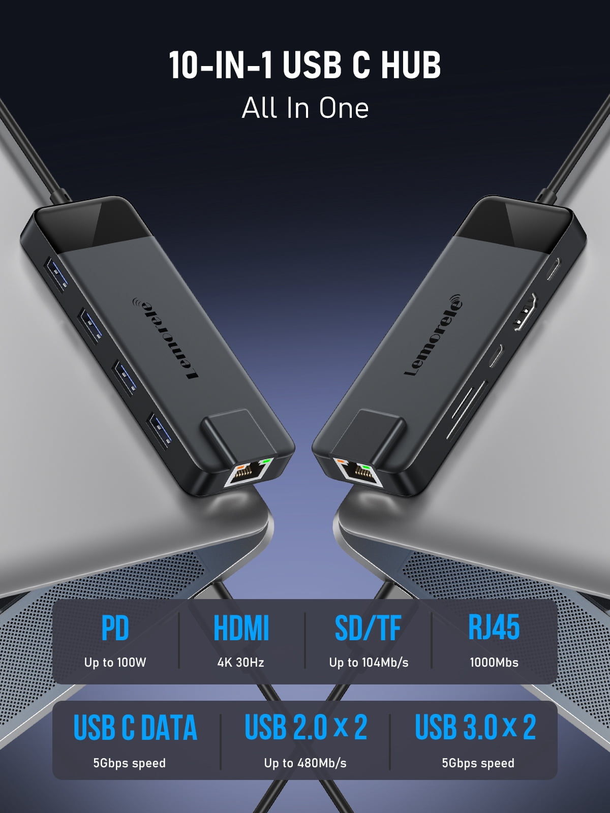 10-in-1 Docking Station, 4k HDMI Adapter with 100w PD Charging, Gigabit Ethernet, 3 USB Ports, SD/TF Card Reader, Dongle for Macbook, Windows, Linux, Switch