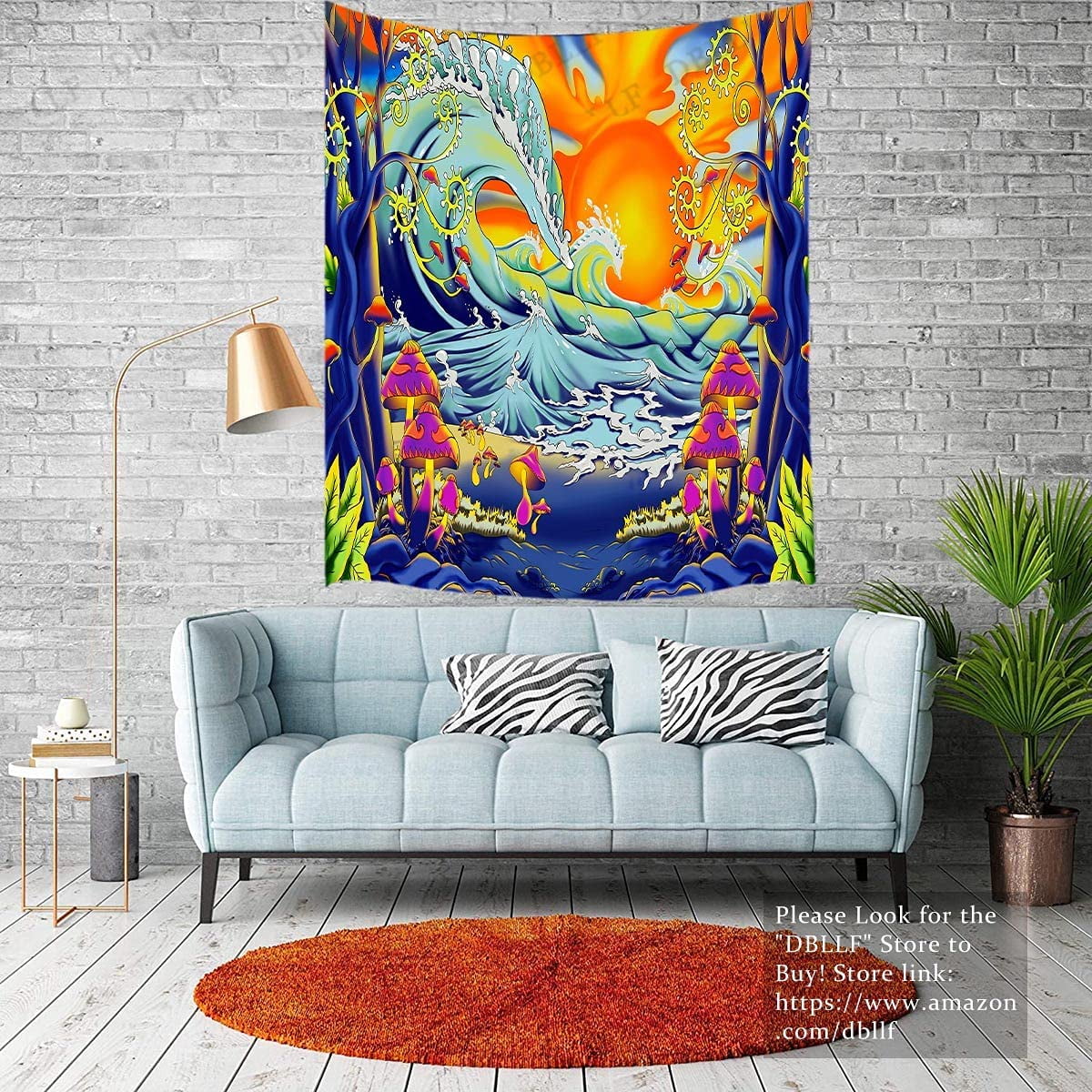 CPDD Psychedelic Mushroom Tree Tapestry Hippie Ocean Wave Tapestry 30X40 Inches Flannel Art Tapestries Trippy Fantasy Great Wave with Sunset