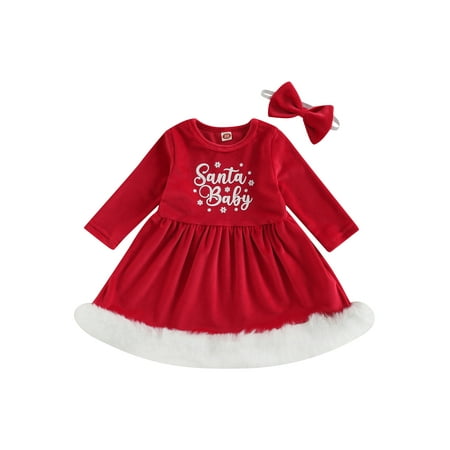 

Kids Toddler Girl Christmas Santa Baby Furry Dress Long Sleeve Patchwork Dress with Headband Xmas Party Outfit