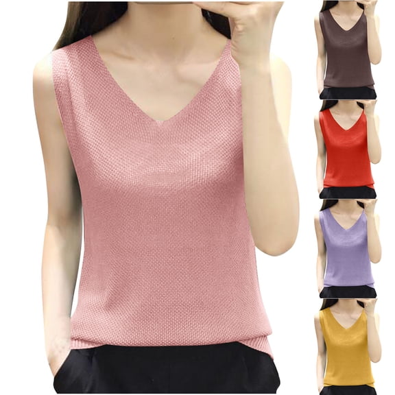 NSLGXD Plus Size Camisole Tops Women Sleeveless Business Casual Tank Top Solid Color Loose V Neck Going Out T-Shirts Pink Shirts,Size S-5XL