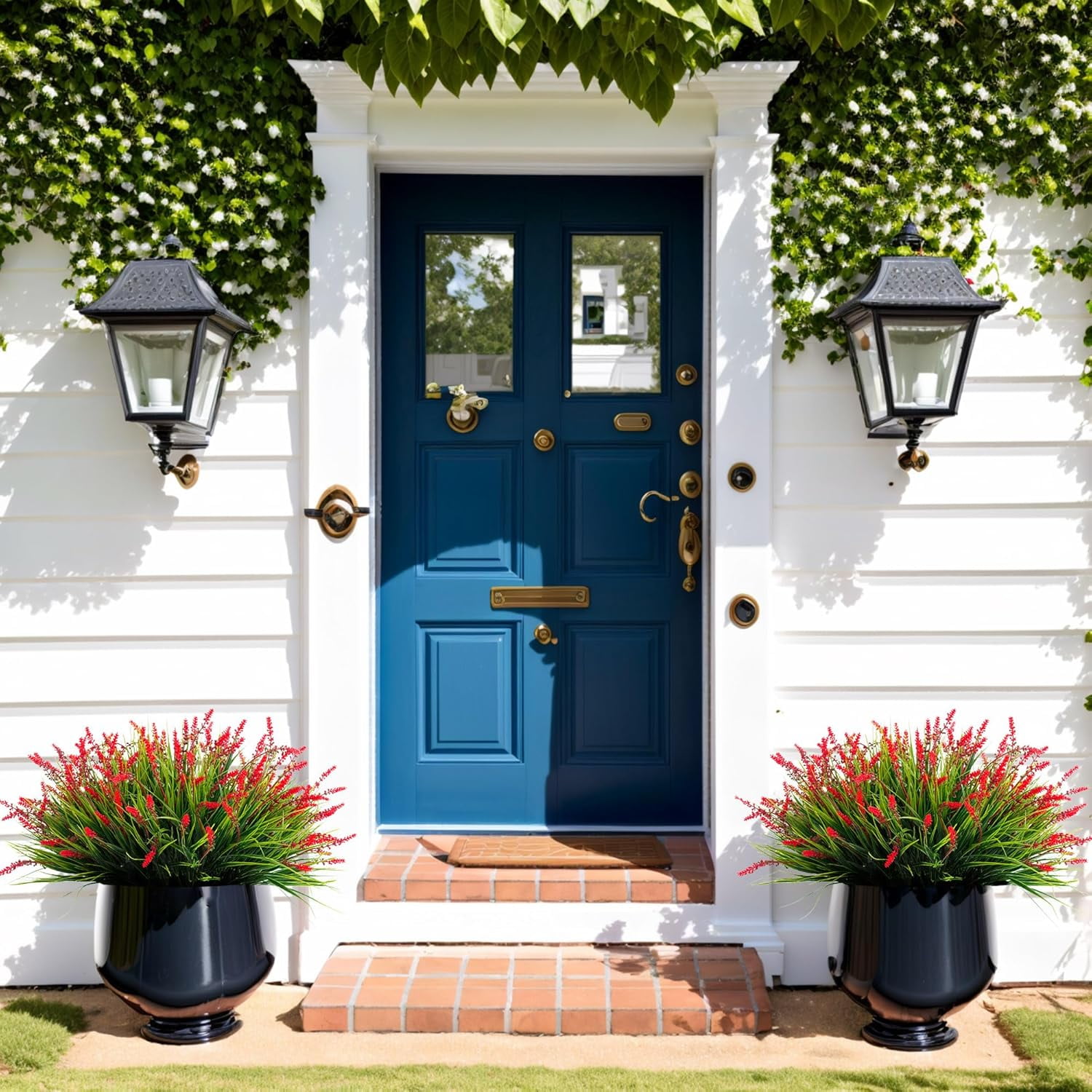 Artificial Faux Plants Flowers for Outdoor Decorations, Fake Monkey Grass for Outside Porch Patio, No Fade Realistic Greenery Plant, UV Resistant Artificial Bush Shrubs for Courtyard Window Garden