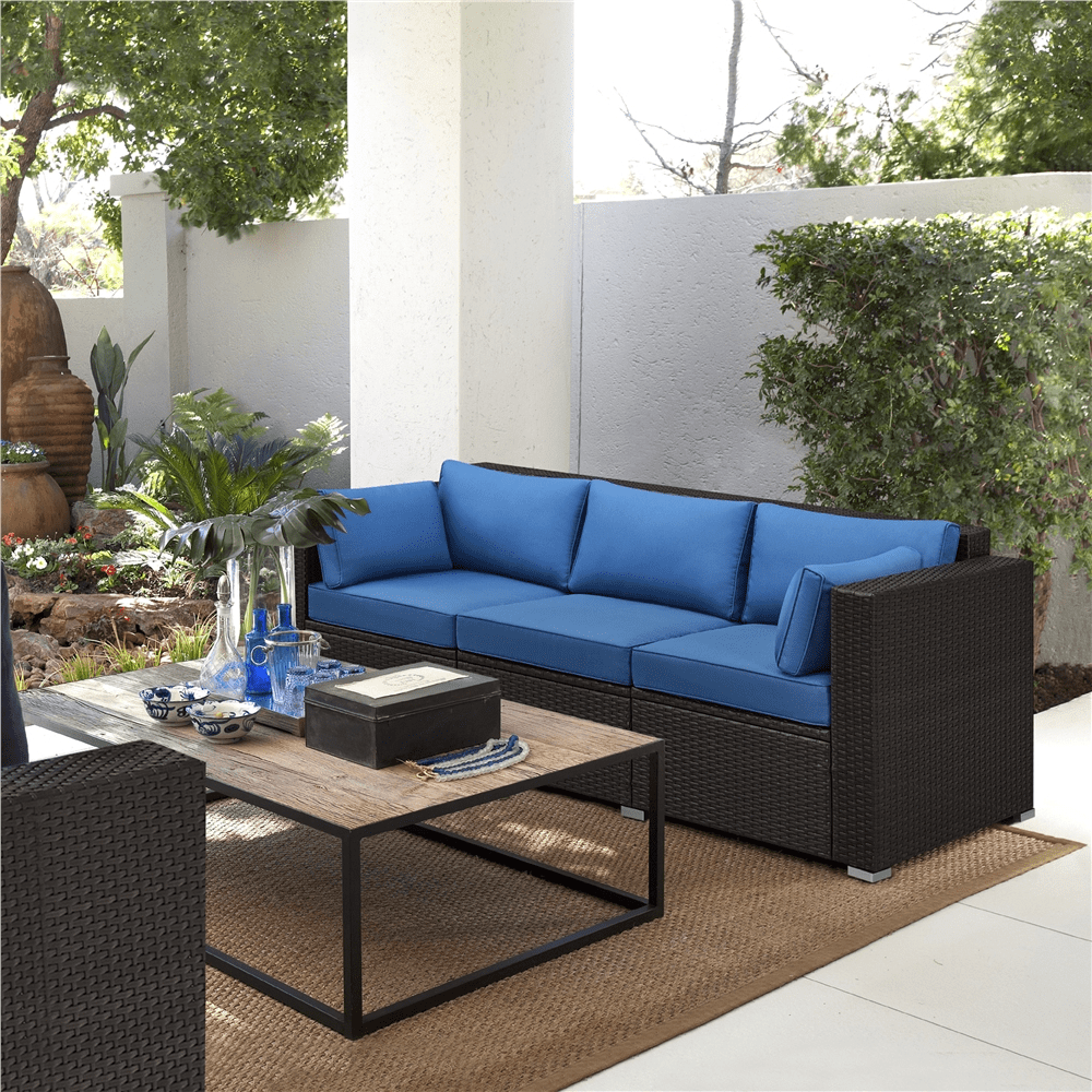 Renwick 3-Seater Outdoor Wicker Sofa with Throw Pillows, Black/Dark Blue