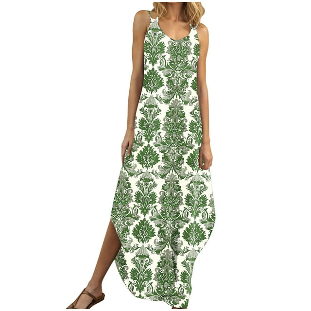 yoeyez Robes pour Femmes Été Maxi Été Sans Manches Longueur au Sol Longue Robe d'Été Grande Taille Imprimé Col en V Robes Plage Coupe Ample Fluide Multicolore,TTG