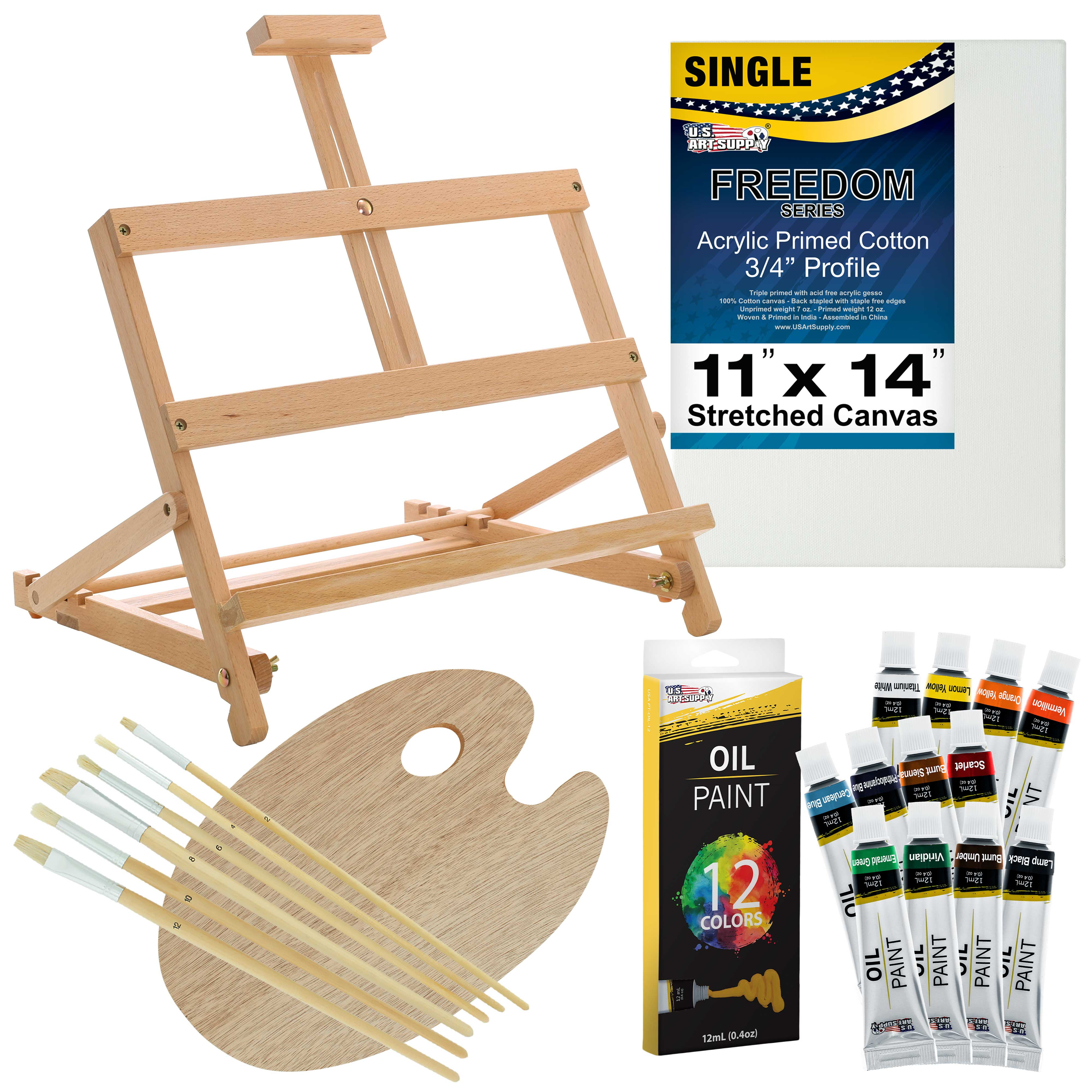 U.s. Art Supply 21-Piece Artist Oil Painting Set With Wooden H-Frame Studio Easel, 12 Vivid Oil Paint Colors, Stretched Canvas, 6 Brushes, Wood Painting Palette - Kids, Students, Adults, Starter Kit - Walmart.com