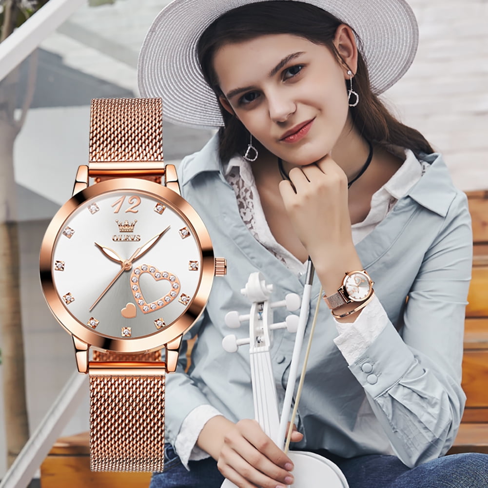 OLEVS Rose Gold Watches for Women Fashion Dress Elegant Luxury Womens Watches Japanese Analog Quartz Diamond Waterproof Luminous Ladies Watches Bracelet Gifts Set Reloj para Mujer
