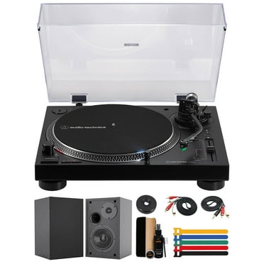 Audio-Technica AT-LP120XBTUSB Wireless Direct-Drive Turntable (Black) with 4 Inch Bookshelf Speakers (Pair), Record Cleaning Kit & Set of 5 Reusable 6" Fastening Cable Ties (Multicolored) Bundle Set