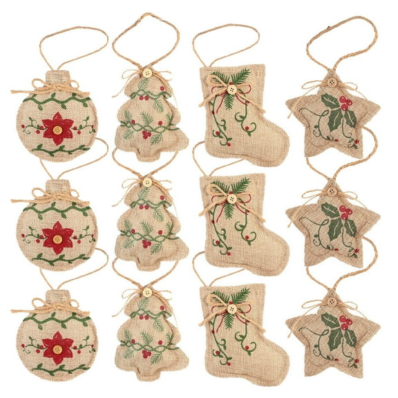 Dalrosia 12PCS Rustic Christmas Burlap Tree Ornaments Farmhouse Hanging Decorations Christmas Stocking Tree Ball Shaped Decor for Christmas Party