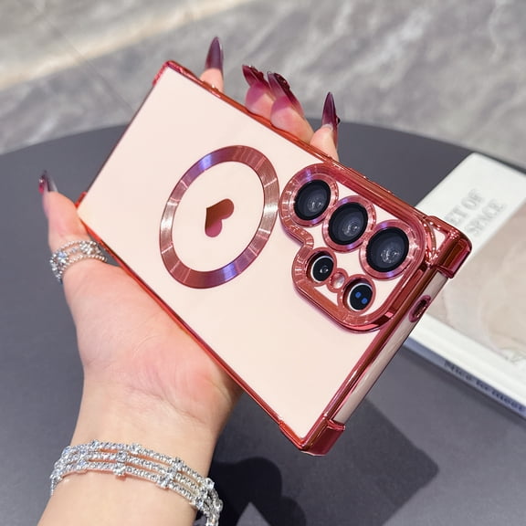 Magnetic Case for Samsung Galaxy S26 Plus, Women Girls Luxury Plating Cute Love Heart Slim Lightweight Cover Full Camera Lens Protection Compatible with MagSafe Case for Galaxy S26 Plus, Pink