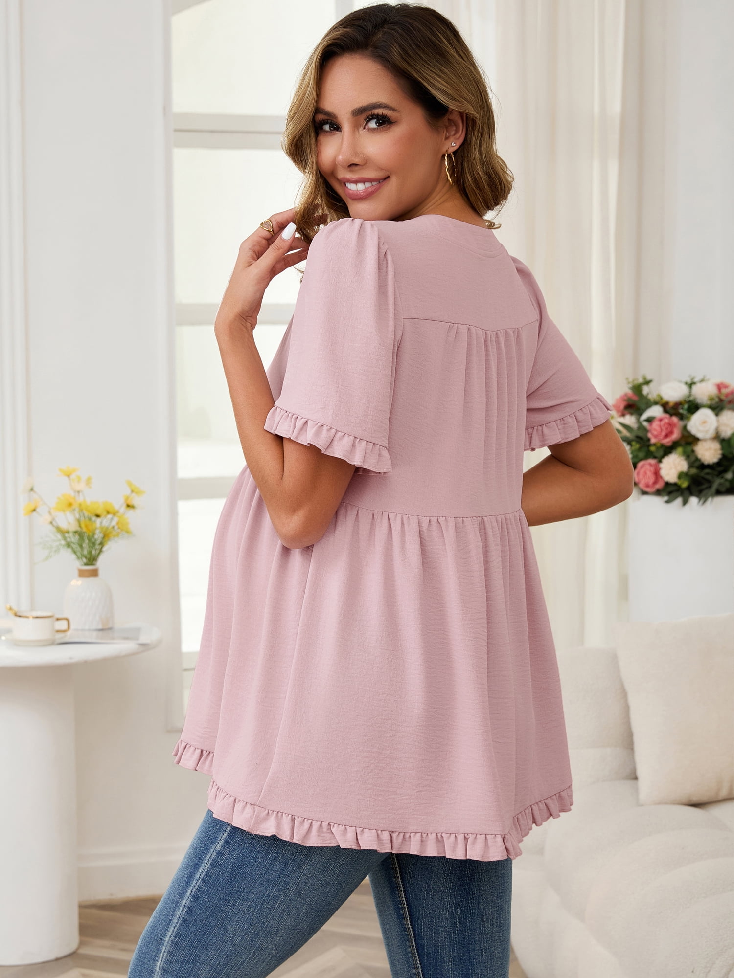 DARING DIVA Women's Boho Ruffled V Neck Short Sleeve Maternity Tops XXL Dusty Pink