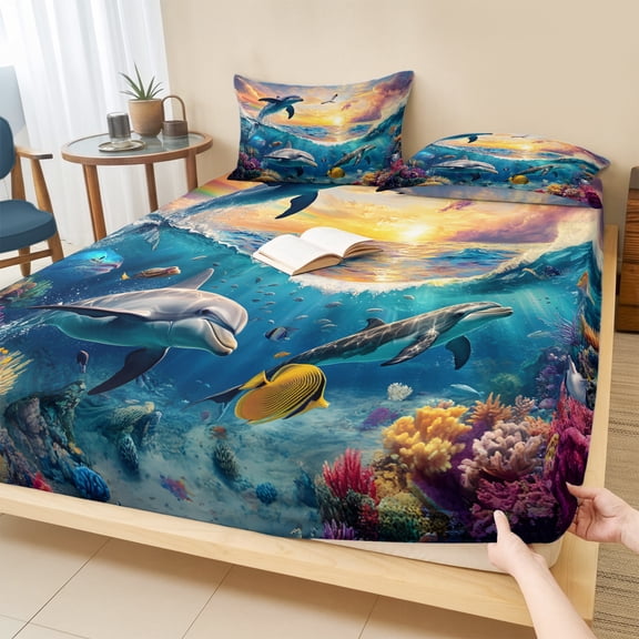 Queen Size Fitted Sheet Set - Blue Coastal 3 Piece Bedding Sets 16" Deep Pocket Fitted Sheet with 2 Pillowcases, Dolphin Summer Beach Nautical Ocean Brushed Microfiber Hotel Luxury Bed Sheets
