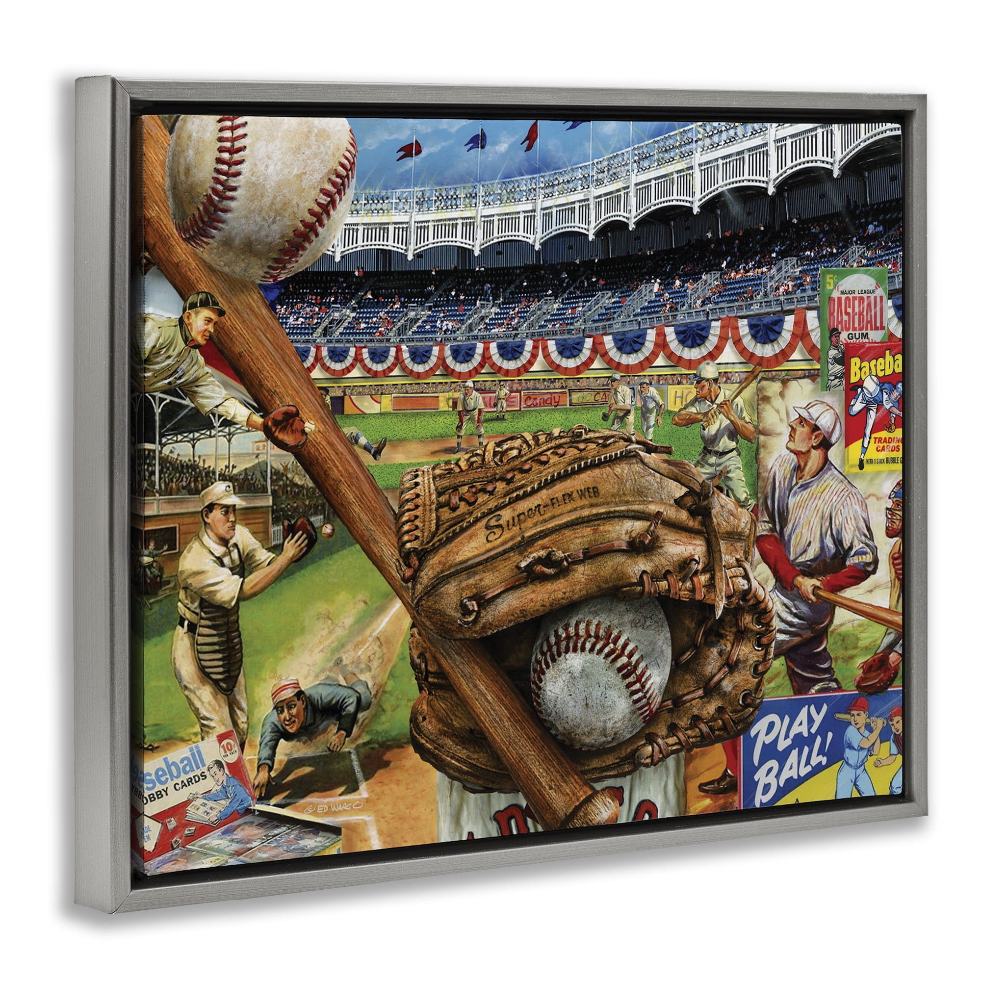 Stupell Industries Baseball Sports Collage Sports Painting Gray Floater Framed Art Print Wall Art, 31 x 25