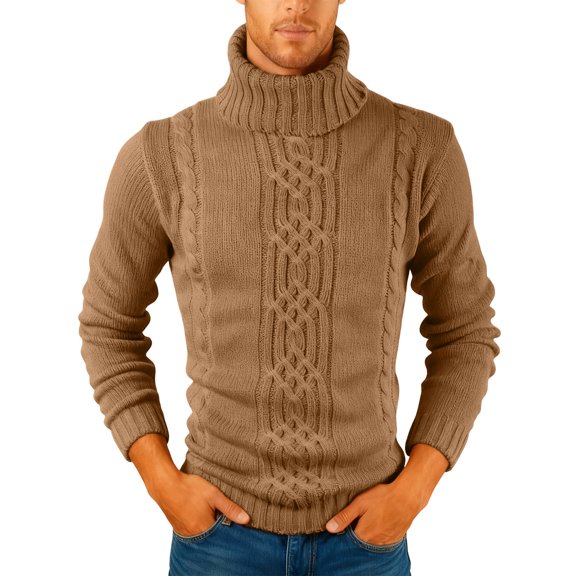 Kixjoy Mens Turtleneck Long Sleeve Sweaters Oversized Thermal Cable Knit Sweater Casual Fall Long Sleeve Sweaters Fashion Basic Slim Fit Pullover Sweaters for Men, Khaki XL