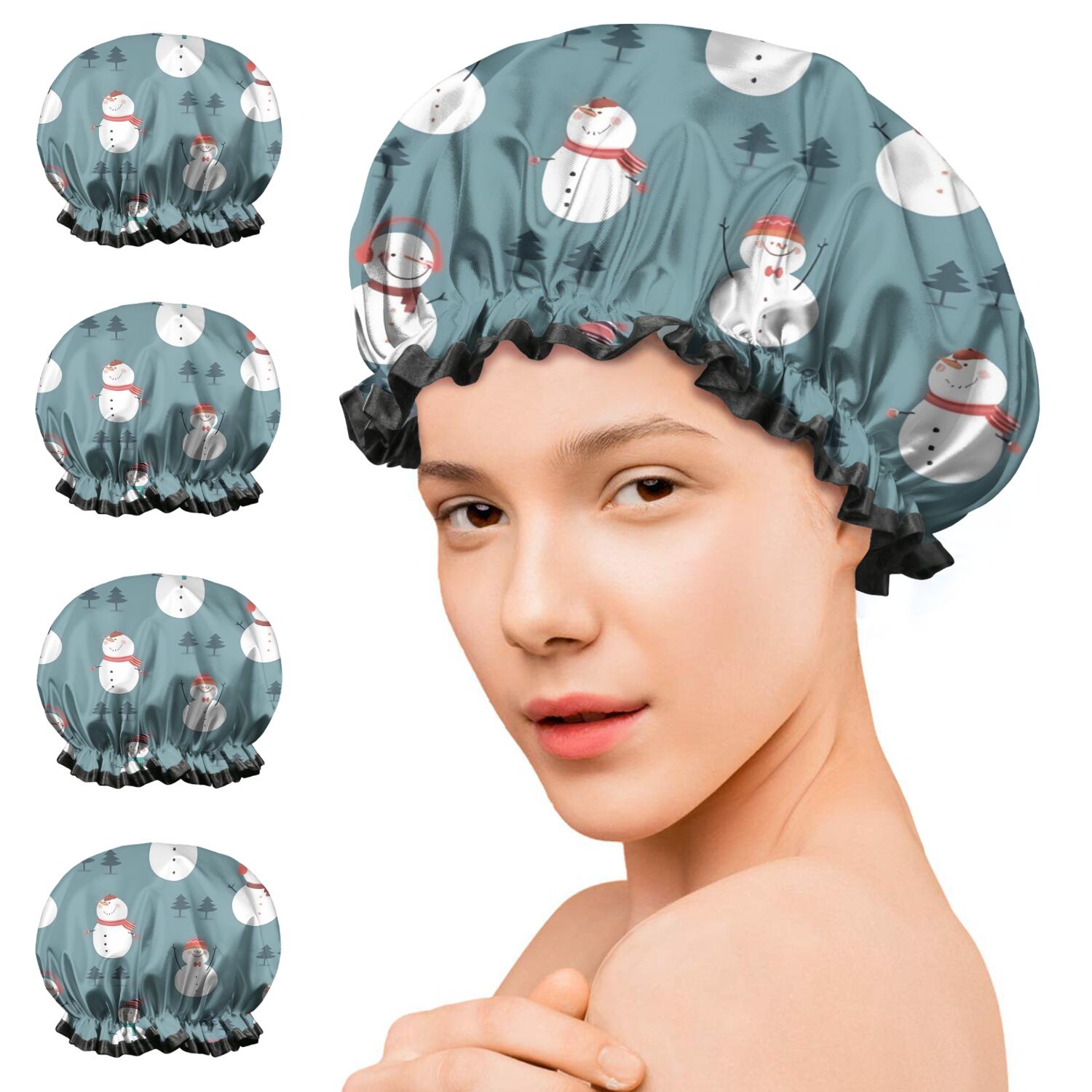 Shower Caps,Blue Christmas Snowman Pattern Waterproof Shower Cap for Women 4 Pieces,Double Reusable Hair Cover for Shower PEVA Elastic Stretch Hem