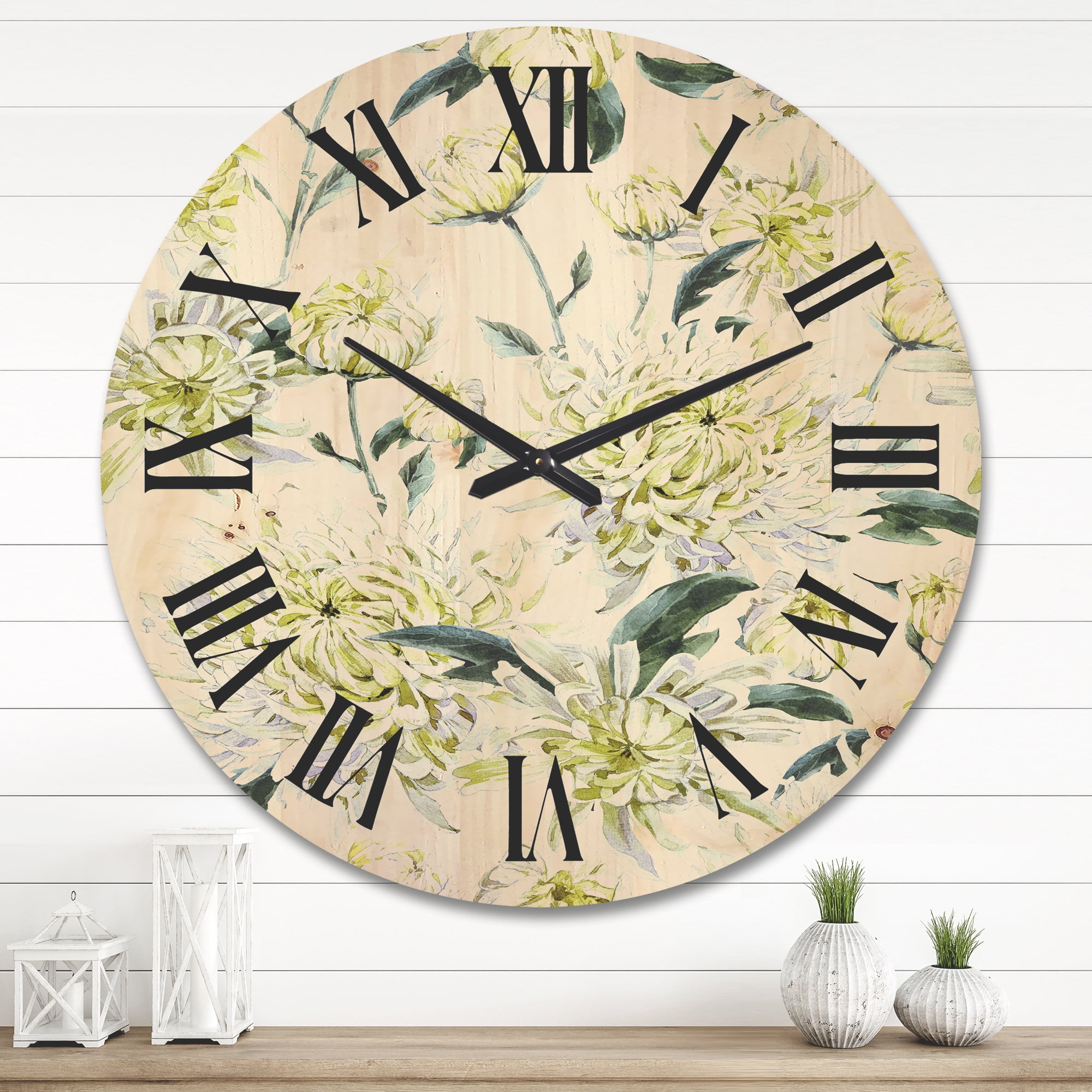 Designart 'Ancient Yellow Chrysanthemus I' Traditional Wood Wall Clock