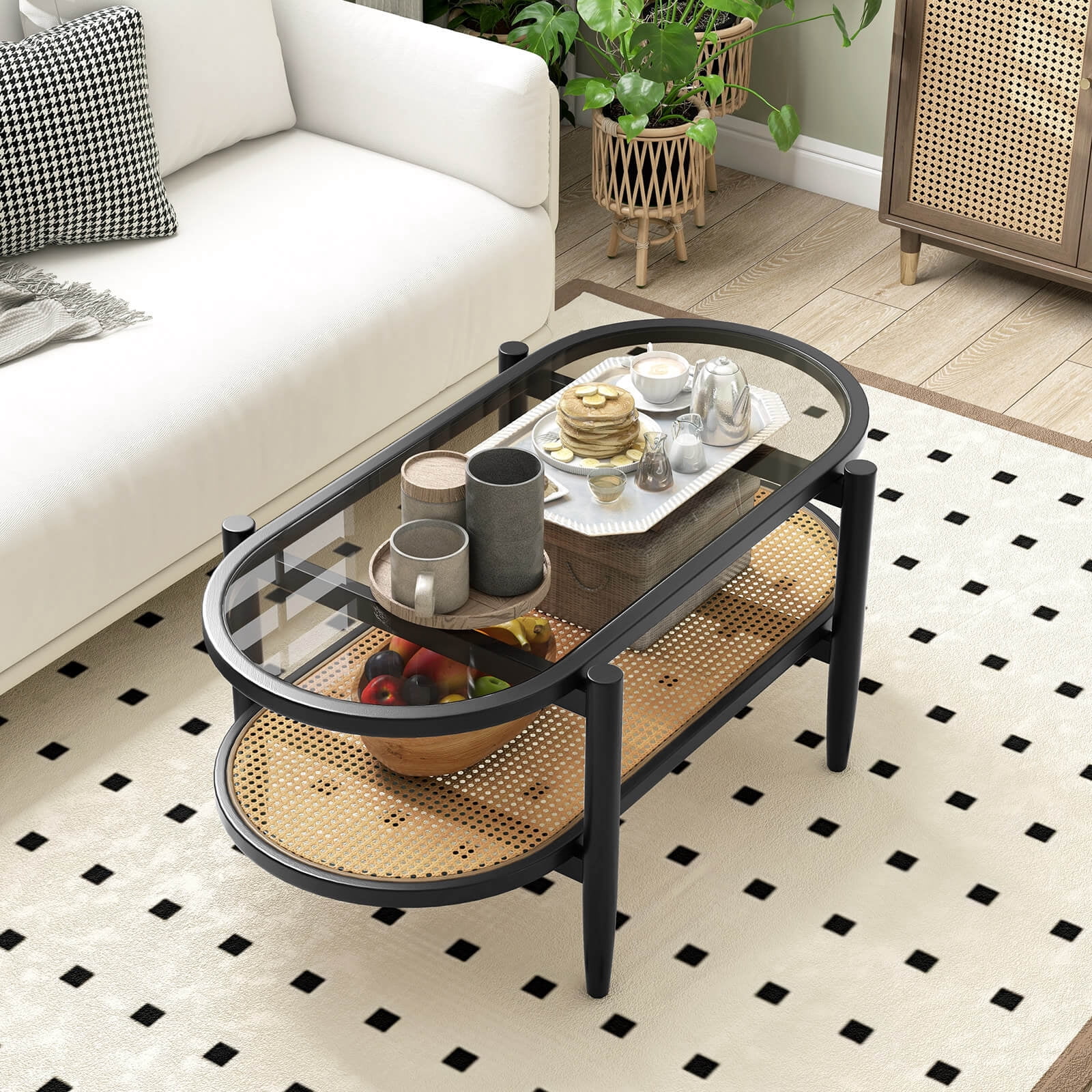 Costway 2-Tier Coffee Table Tempered Glass Top with PE Rattan Shelf & Acacia Wood Frame Black