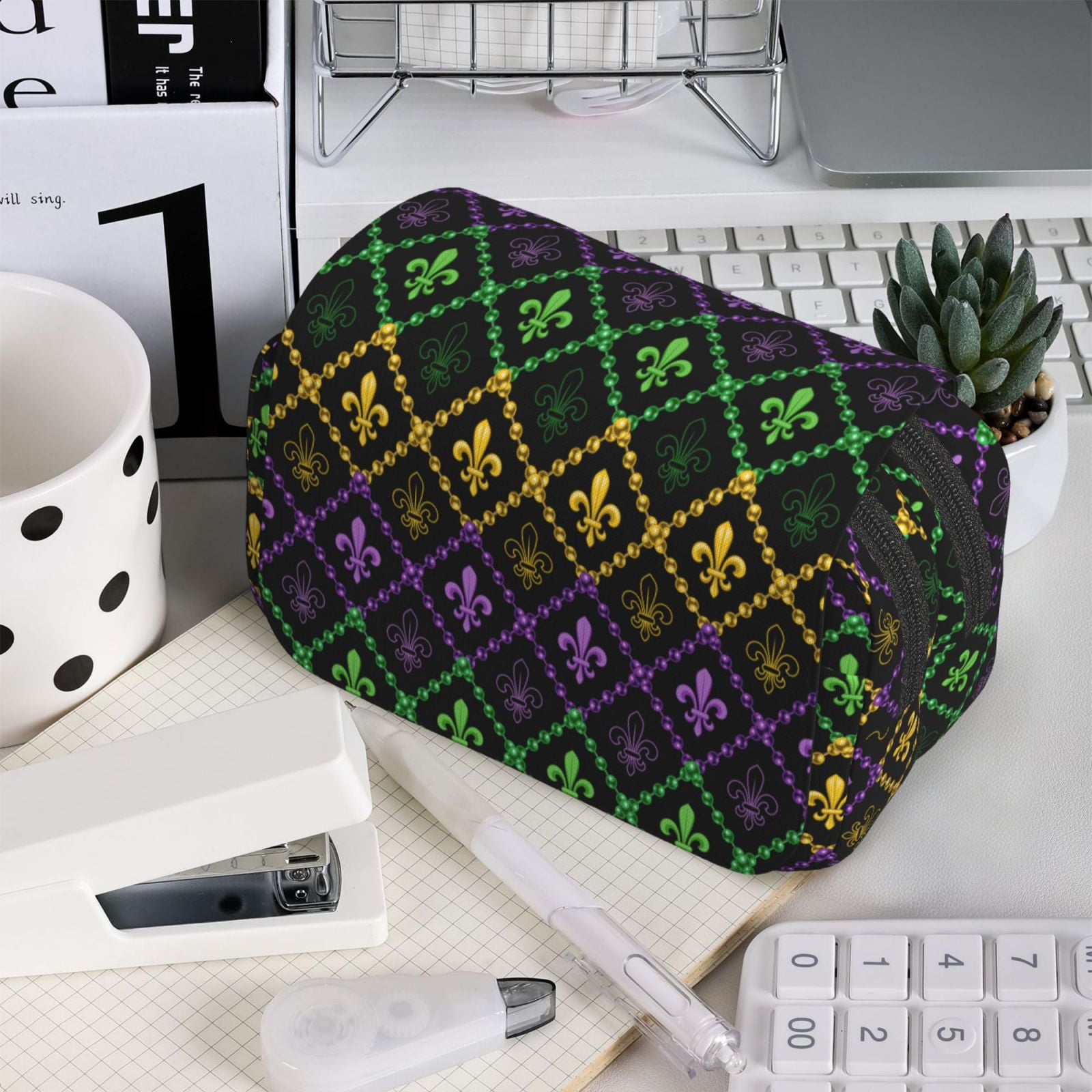 Rateoe Mardi Gra Geometric Pattern Double Clamshell Pen Case, Storage Organizer with Two Zipper Compartments– Holds Up to 50 Pencils & Pens