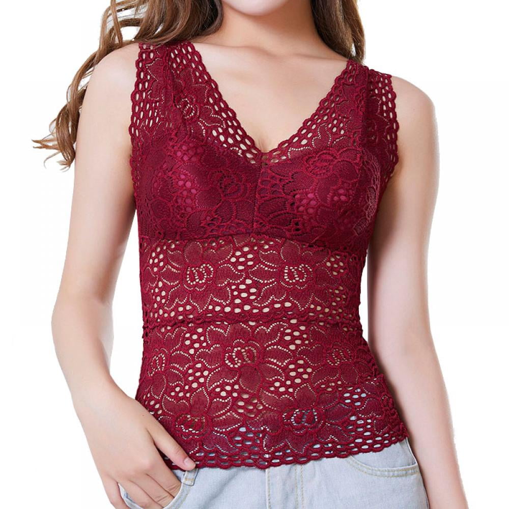 Women Sleeveless Lace Vest with Chest Pad Deep V-Neck Solid Color Tank ...