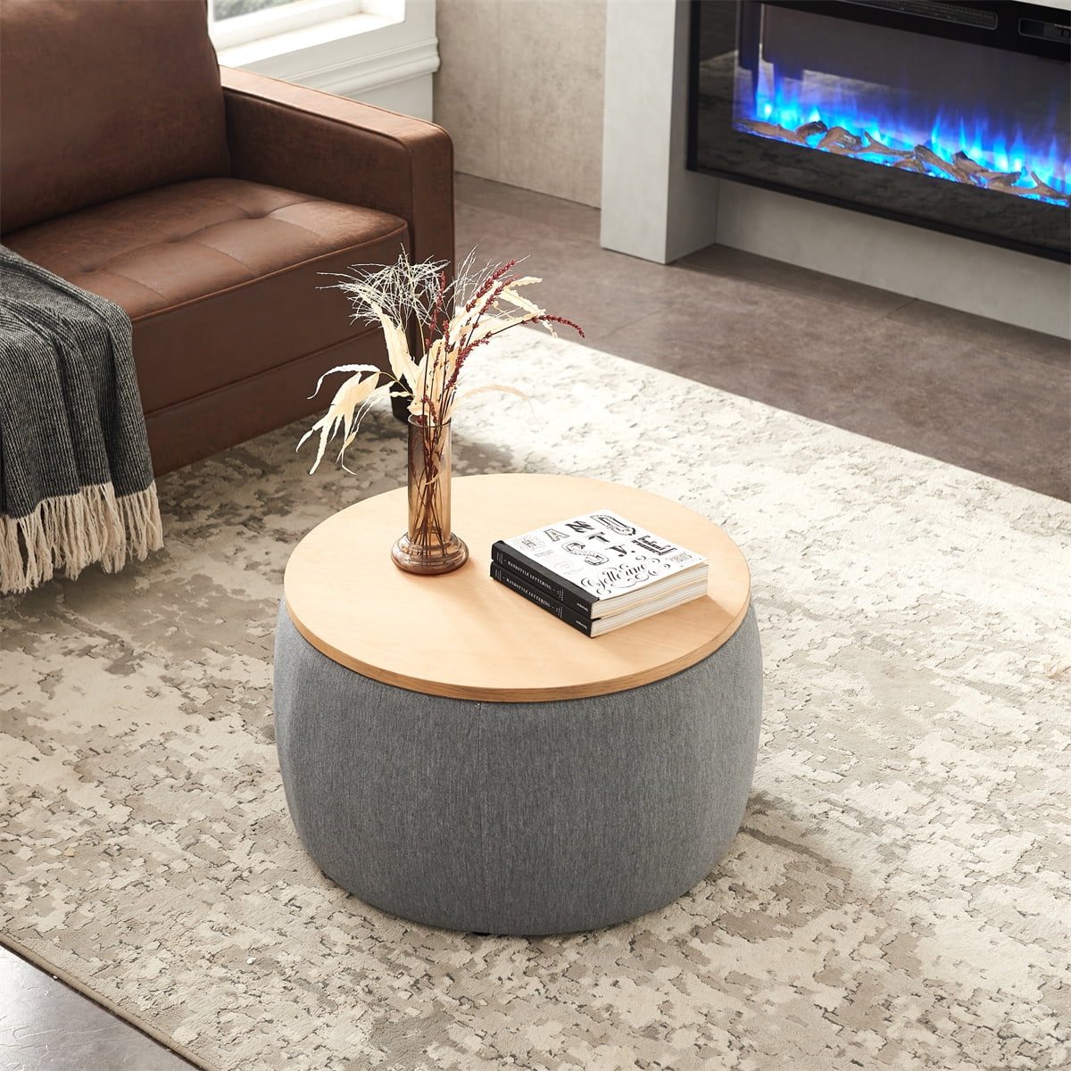 Round Storage Ottoman, Upholstered Coffee Table with Wooden Lid, 2 in 1 Function End Table Footstool for Living Room Office, Work as Side Table & Ottoman & Seat, Dark Gray, 25.5''x25.5''x14.5''