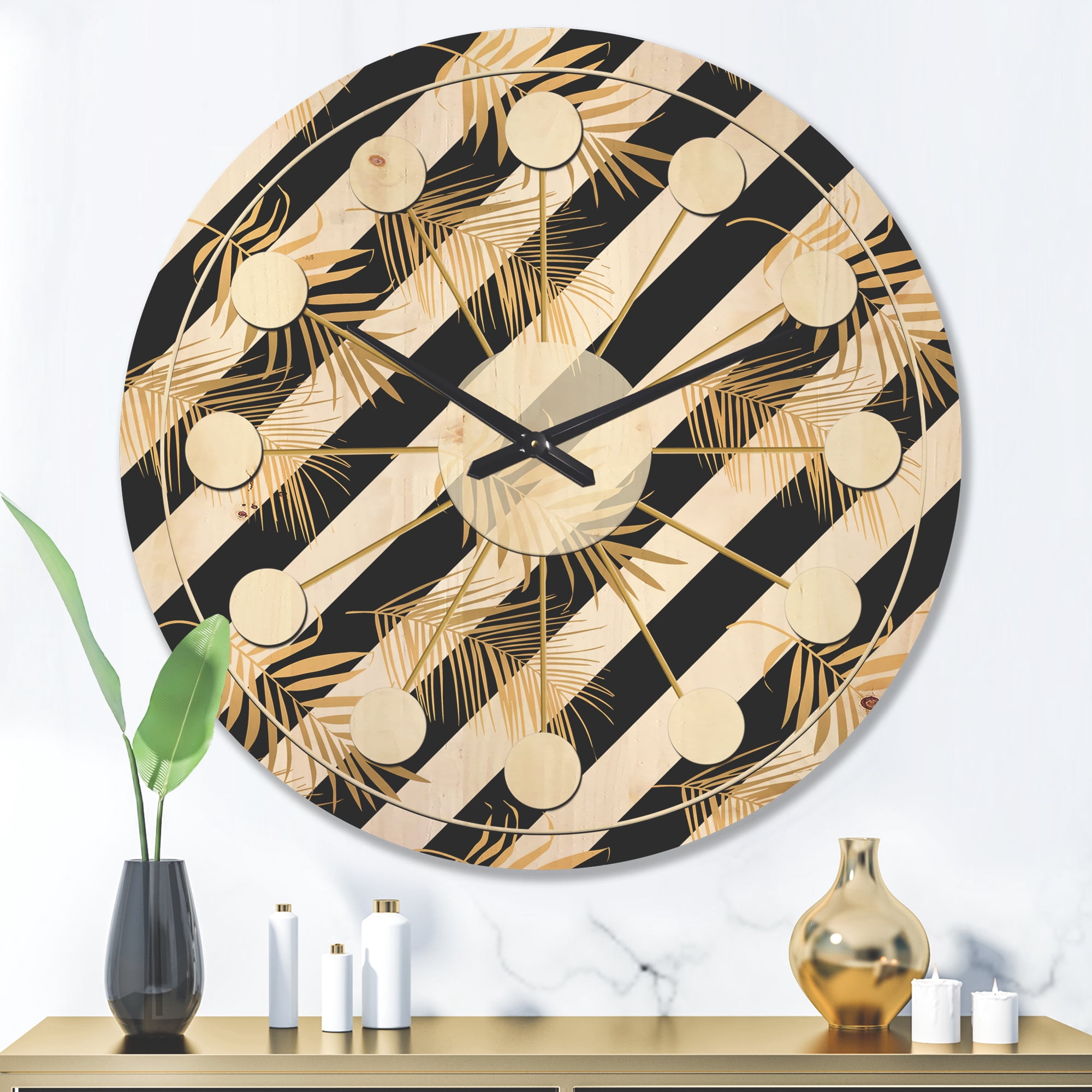 Designart 'Retro Golden Foliage VII' Mid-Century Modern Wood Wall Clock
