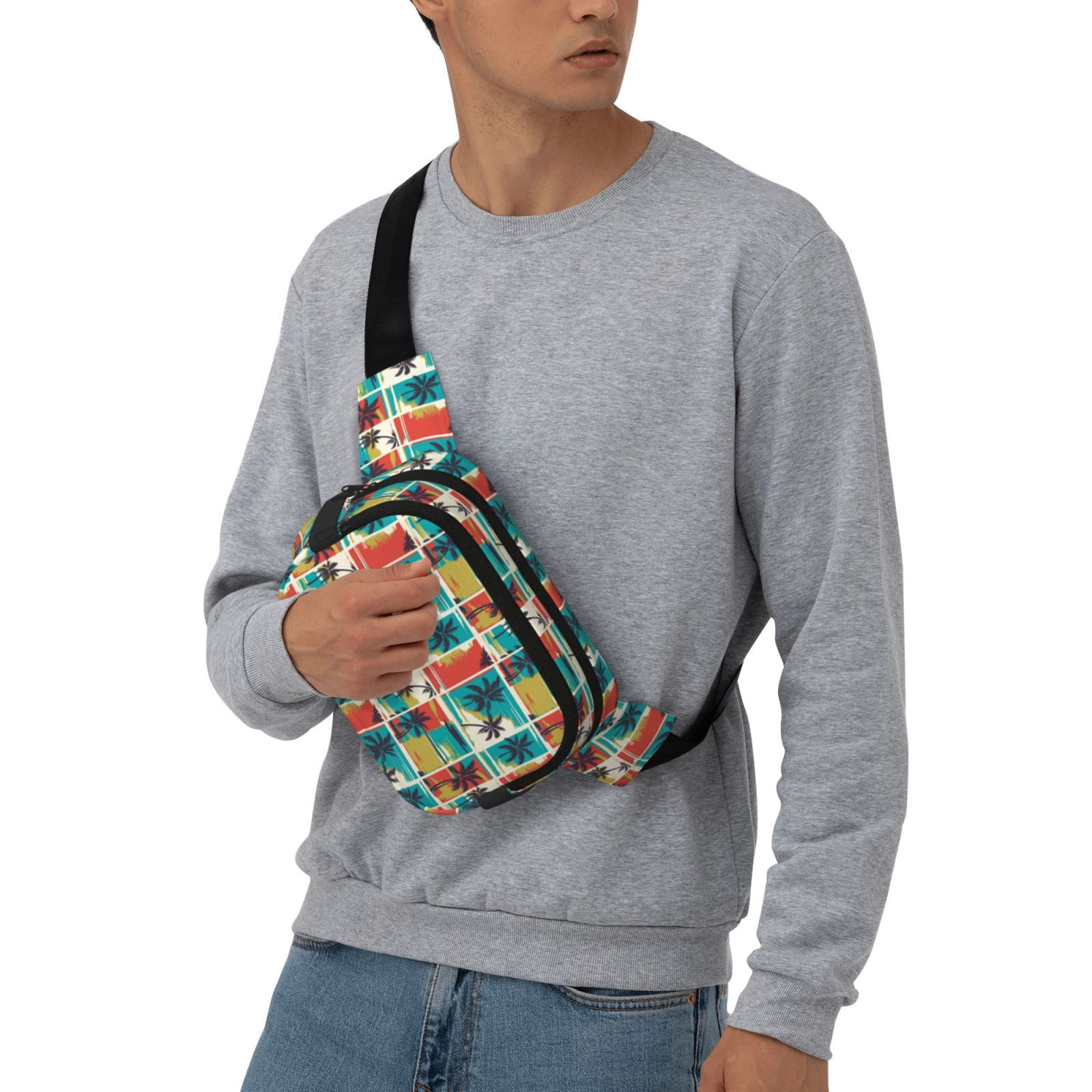 Picia Colorful Hawaii Palms Print Square Double-Layer Waist Bag Mini Adjustable Waist Belt Bag Exercise Running Travel Hiking