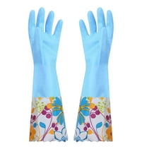 Xecvkr Winter Fleece Lined Rubber Cleaning Gloves, Long Cuff with Floral Sleeve, Anti-Slip Textured Grip for Dishwashing Kitchen Car Wash, 1 Pair, Size M
