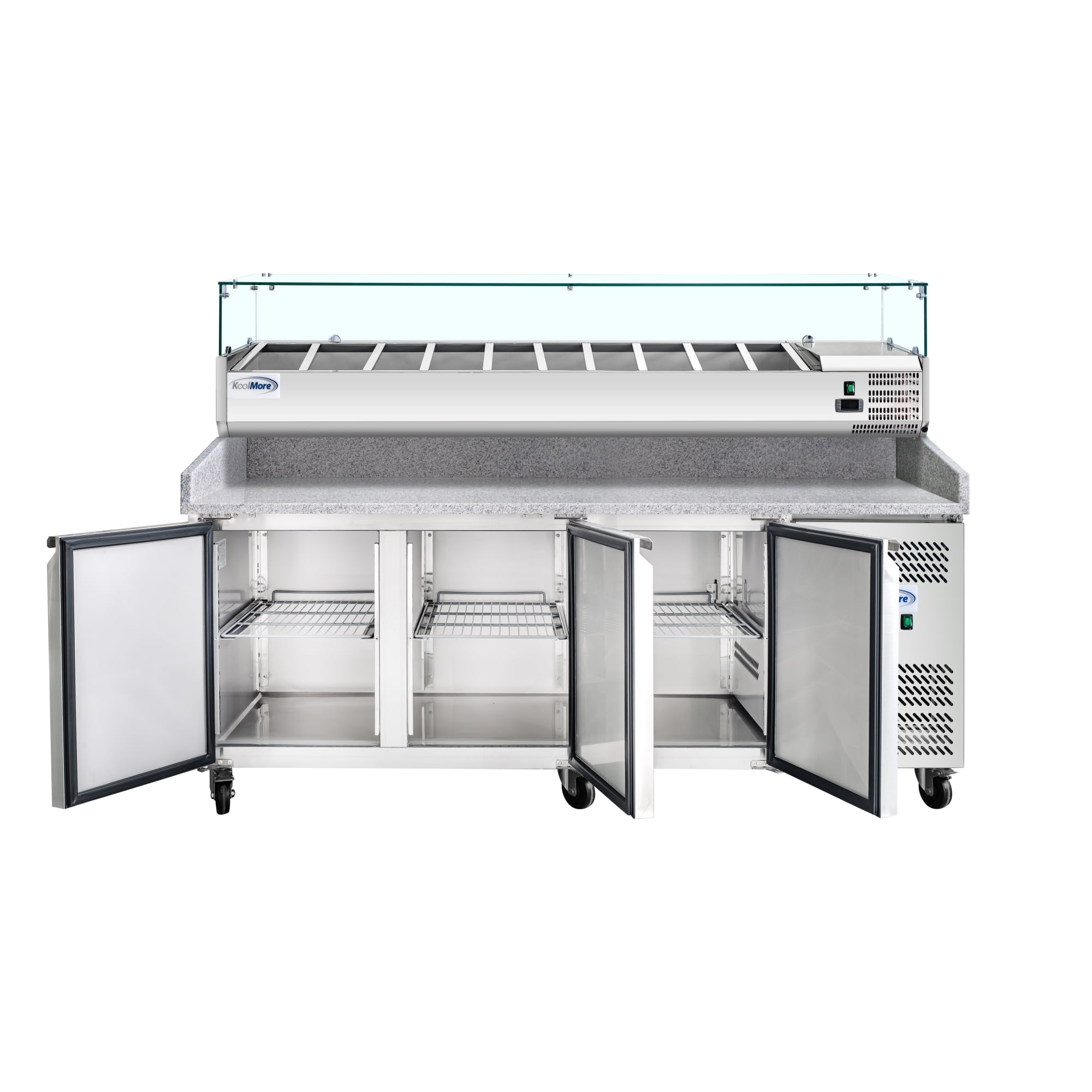 79 in. Three-Door Commercial Refrigerated Granite Top Pizza Prep Station With a Refrigerated Stainless-Steel Condiment Pan Holder (KM-RPCPS-2D79-GRT)