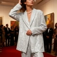 thumbnail image 4 of Women's Sequin Blazer 2 Pieces Sets Slim Fit 2-Piece Outfit Glitter Sparkly Wide Leg Pants Suit Button Suit Jacket Shawl Lapel Tuxedo Party Dinner Prom Wedding, 4 of 5
