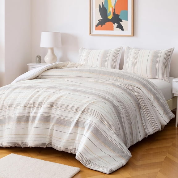 Comforter Set, 3-Piece Jacquard Microfiber Comforter and 2 Pillow Shams, All-Season Bedding, King, Beige Striped